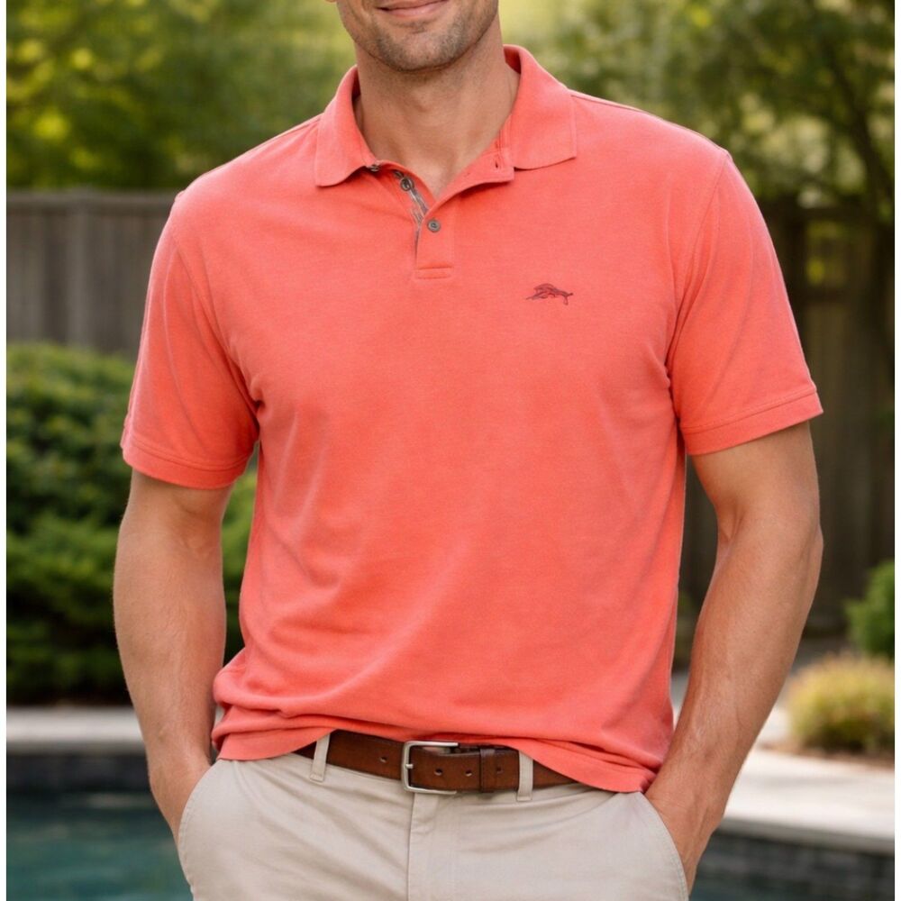 Tommy Bahama Men’s Polo Shirt Large Coral/Orange Marlin Swordfish Sailfish Golf